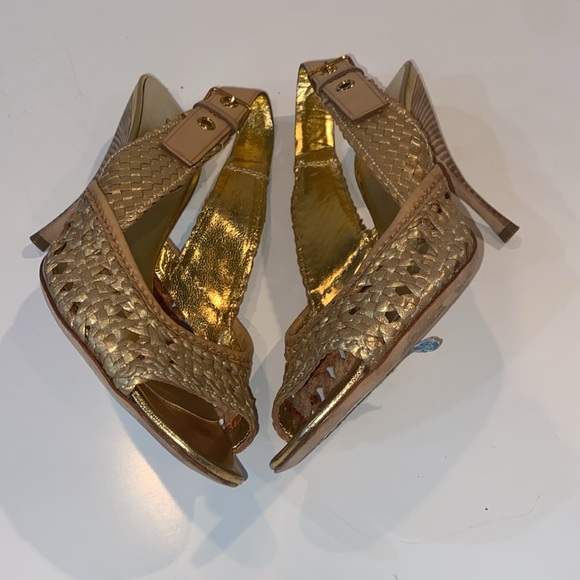 Miu Miu Gold Metallic Braided Leather Open Toe Slingback Sandals Size 37.5 EUC - Picture 11 of 15